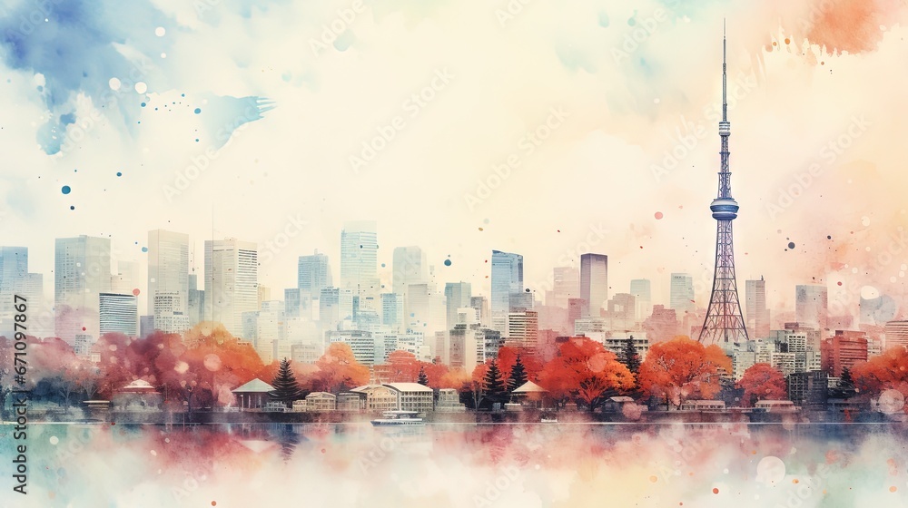 a painting of a city skyline with trees in the foreground. generative ai a painting of a city skyline with trees in the foreground. generative ai