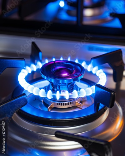 Modern kitchen stove cook with blue flames burning Close-up Natural Gas Stove Burner Appliance with Blue Flame Fire kitchen home concept