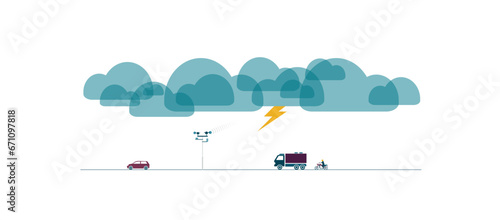Weather station radar next to a road with vehicles passing by as a thunderstorm brews. Technology, traffic. Flat style colorful vector illustration isolated on white background.