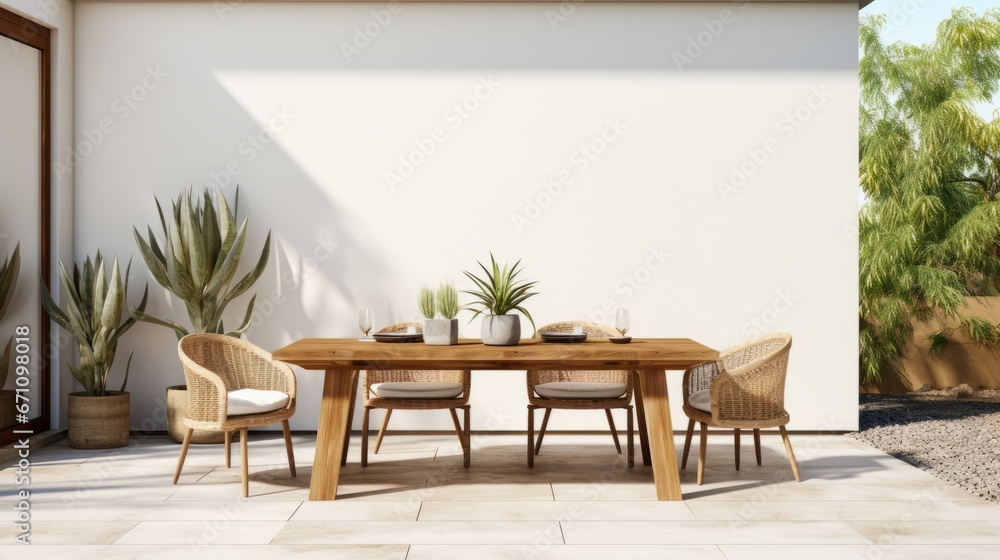 wooden dining furniture country contemporary house beautiful interior design outdoor balcony home design concept - obrazy, fototapety, plakaty 