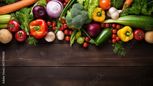  a variety of vegetables are arranged on a wooden surface, including tomatoes, broccoli, peppers, onions, and celery. generative ai