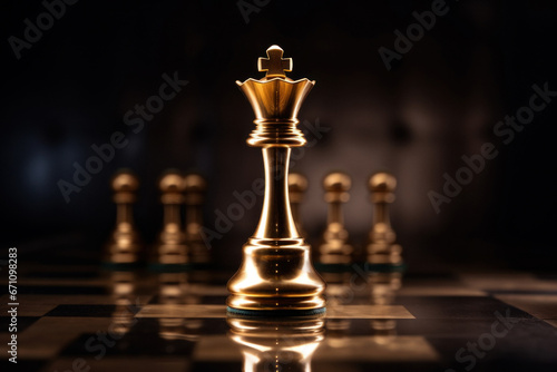 Winner Chess king surrounded with gold chess pieces on a chessboard game competition with copy space on dark background.