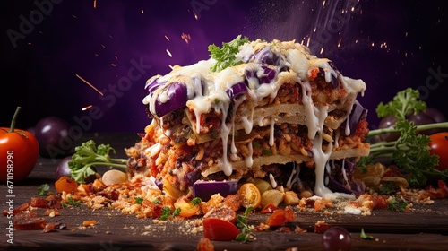  a layered lasagna covered in cheese and vegetables on a wooden table. generative ai