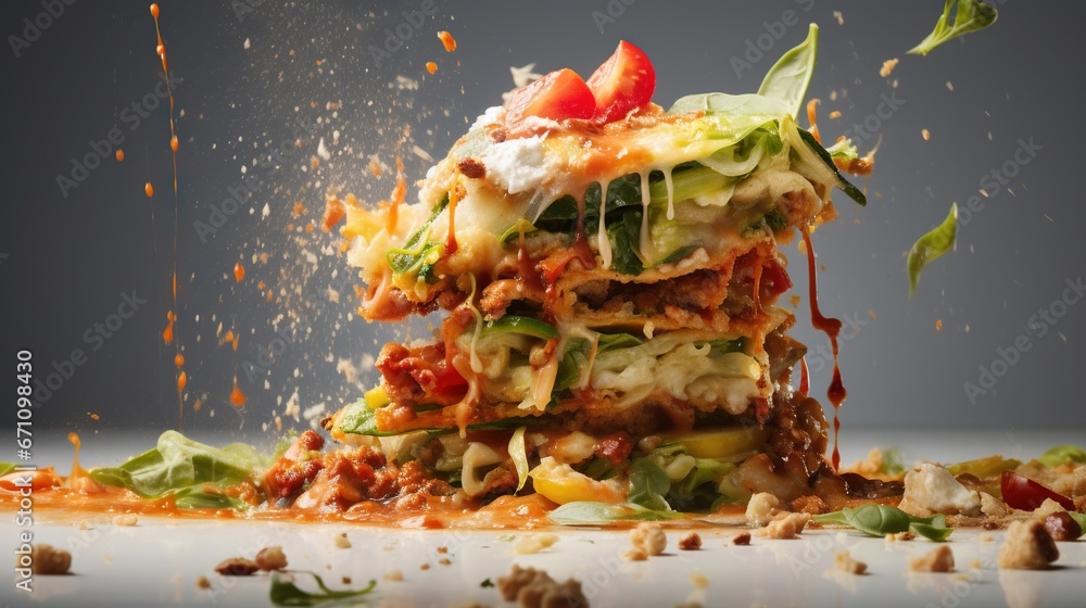 a stack of food that is covered in sauce and vegetables. generative ai a stack of food that is covered in sauce and vegetables. generative ai