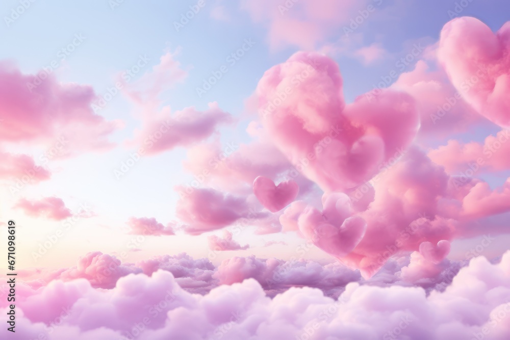 Valentines day romantic background. Pink color heart shaped clouds on blue sky, love is in the air