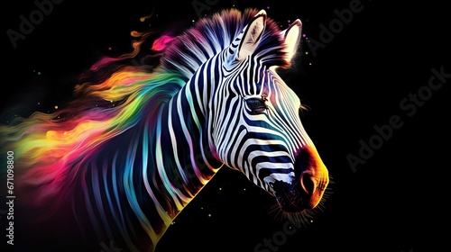  a zebra with a multicolored pattern on it s face.  generative ai