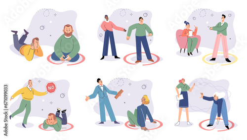 Social distance vector illustration. Avoiding crowded places is preventive measure against disease transmission Staying away from sick individuals reduces risk illness Society must unite to implement