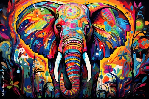 an elephant with colorful flowers