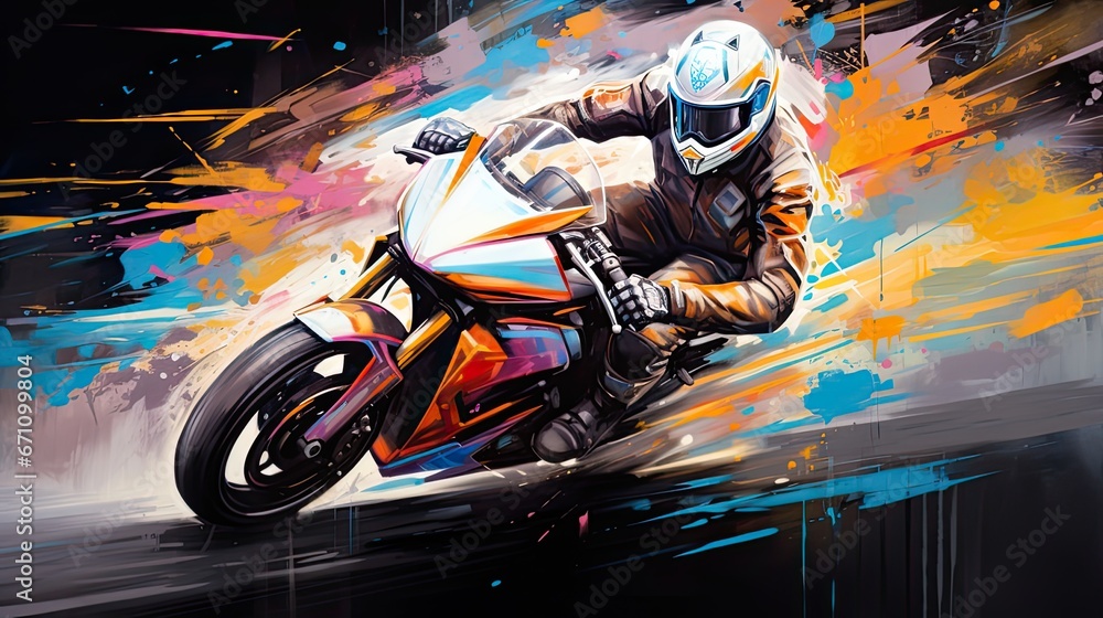 Illustration of a  Motorcycle rider riding on the road with Colorful  watercolor paint splashes.