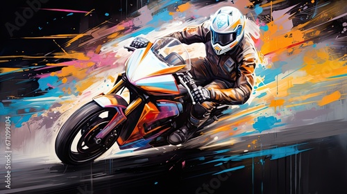 Illustration of a Motorcycle rider riding on the road with Colorful watercolor paint splashes.
