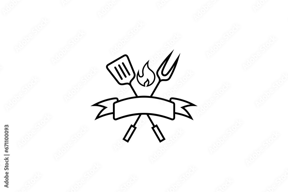 Barbeque grill tool logo, spatula and fork with fire elements and ribbon line art design style Barbeque grill tool logo, spatula and fork with fire elements and ribbon line art design style