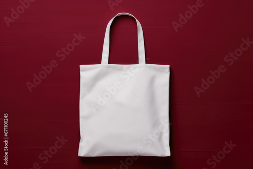 White fabric bag on a burgundy background photo