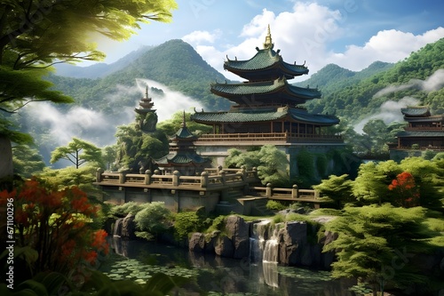 A tranquil Buddhist temple nestled amidst lush greenery.