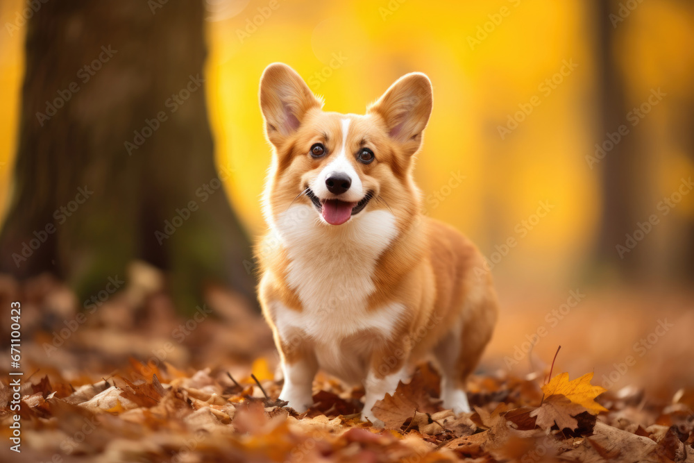 A corgi dog runs through the autumn forest A corgi dog runs through the autumn forest