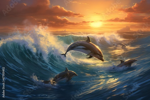 A playful pod of dolphins leaping through the sparkling ocean waves.
