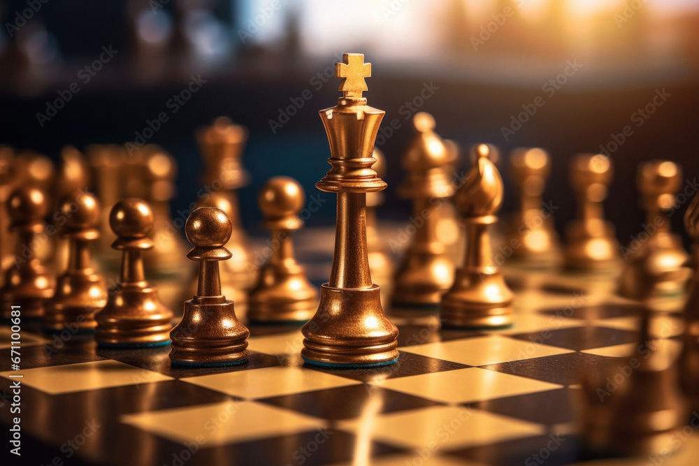 Winner Chess king surrounded with gold chess pieces on a chessboard game competition with copy space on dark background.