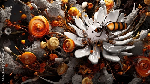  a computer generated image of a flower and two bees in it's center surrounded by other flowers and leaves and flowers on a black background. generative ai