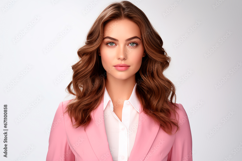 Successful young woman in pink classic suit with European appearance on white isolated background Successful young woman in pink classic suit with European appearance on white isolated background