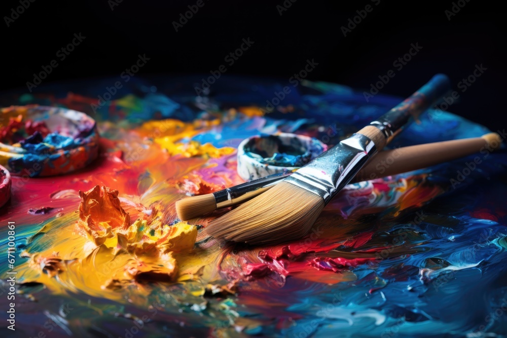 Obraz premium Palette with brushes with oil color paint