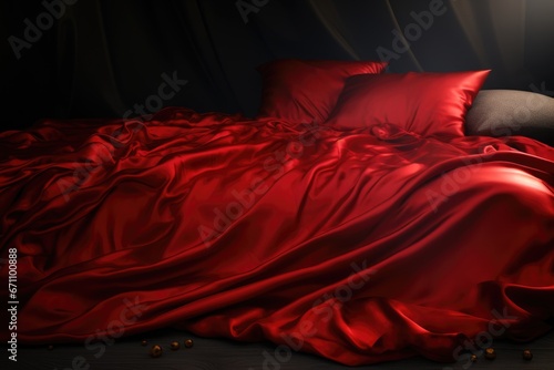 Red silk crumpled bed linen on the bed with pillows and a blanket