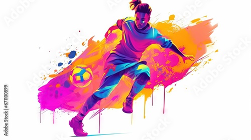  a woman kicking a soccer ball with a splash of paint on her face and body in the air  in front of a white background.  generative ai