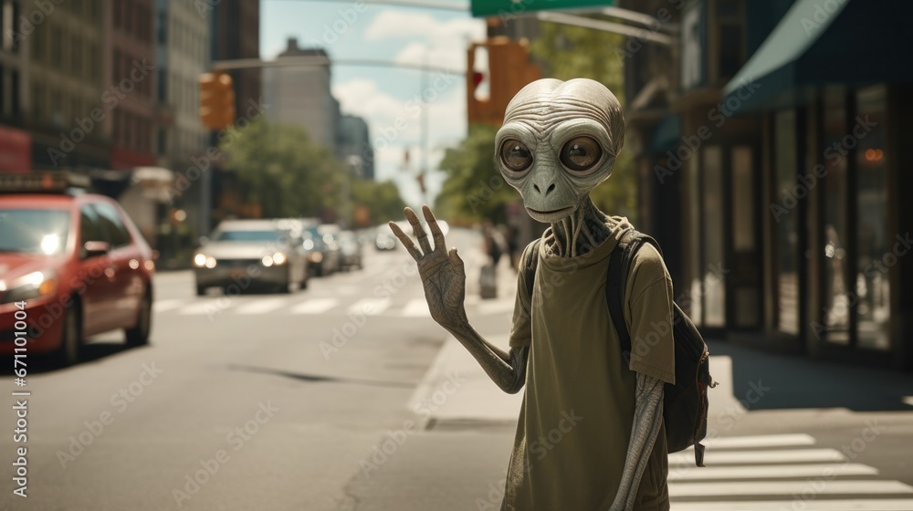 A fearless individual dons an otherworldly suit as they stand amidst a bustling city street, with a looming ufo hovering overhead and a monstrous vehicle racing down the road, all while a building st A fearless individual dons an otherworldly suit as they stand amidst a bustling city street, with a looming ufo hovering overhead and a monstrous vehicle racing down the road, all while a building st