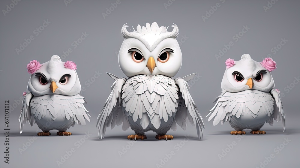three white owls with pink bows on their heads and eyes, standing next to each other on a gray background with a gray background and white background. generative ai three white owls with pink bows on their heads and eyes, standing next to each other on a gray background with a gray background and white background. generative ai