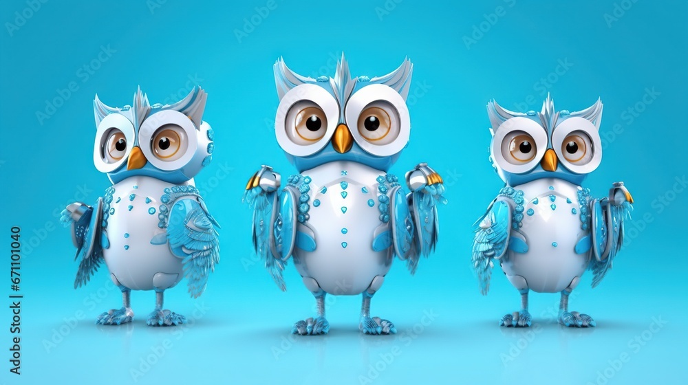  a group of three owls standing next to each other on a blue background with a light blue background behind them and a light blue background behind them.  generative ai