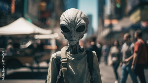 A mysterious figure clad in a strange extraterrestrial suit roams the city streets, blending in with the otherworldly architecture and towering statues, evoking a sense of wonder and fear in all who 