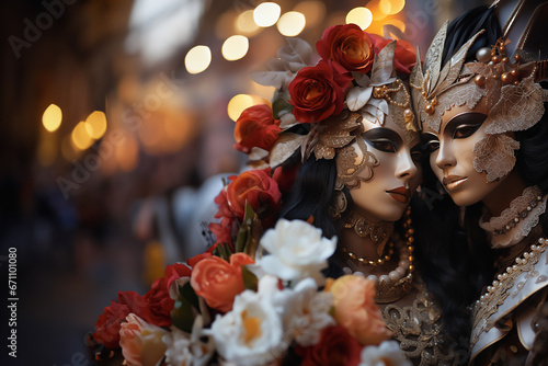 Couple in Venetian carnival costumes with intricate embroidery standing on a street among flowers. Venice carnival inspired costumes. photo