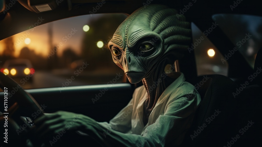 An extraterrestrial creature disguised in a human mask drives a ufo-shaped car, evoking a sense of otherworldly wonder and mysterious adventure An extraterrestrial creature disguised in a human mask drives a ufo-shaped car, evoking a sense of otherworldly wonder and mysterious adventure