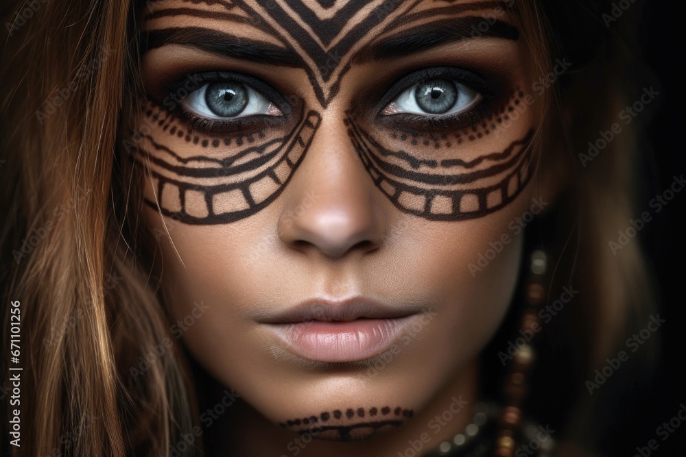 closeup portrait of a beautiful young woman with a black tribal design around her eyes