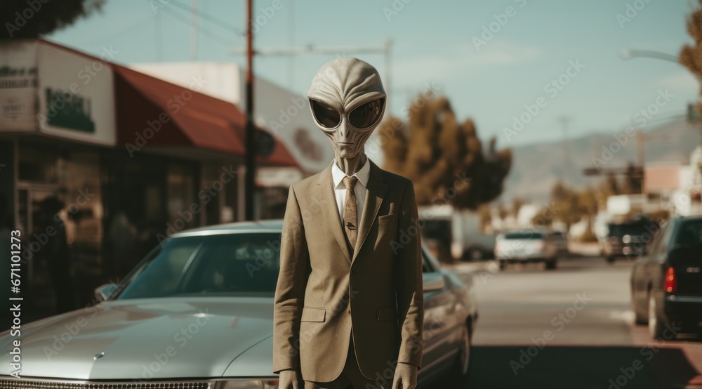 A mysterious man in a sleek suit and tie stands amidst the chaos of an ...