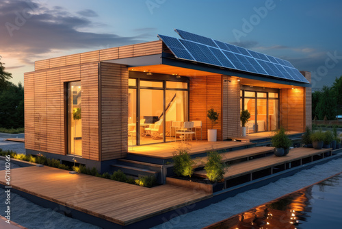 a modern modular house made with wood, with solar pannels, grass lawn