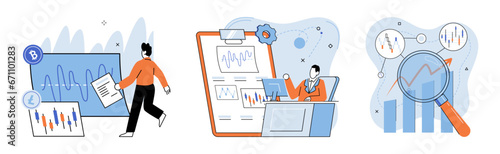 Crypto invest. Vector illustration. The concept crypto investment is often compared to metaphorical journey into unknown Cryptocurrency exchanges serve as platforms for trading digital assets