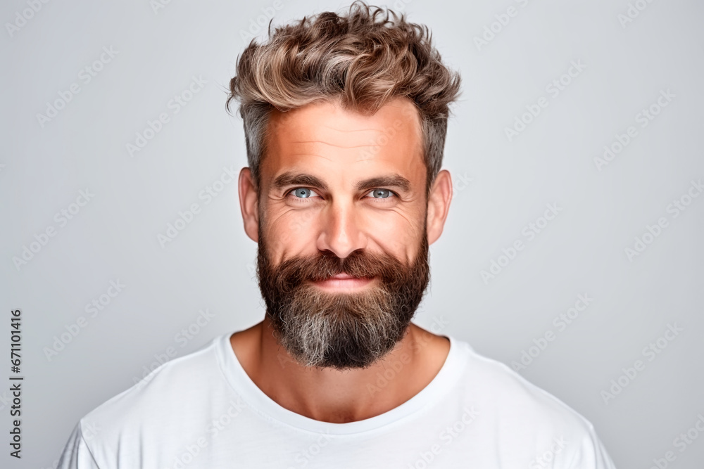 Fototapeta premium Brutal bearded man with pleasant look with European appearance on white isolated background. 