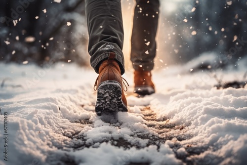 The feet of a man walking in the snow photo