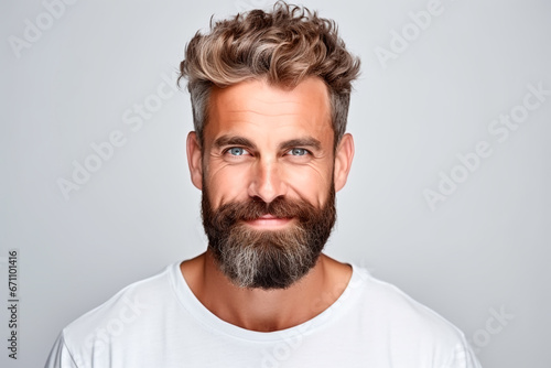 Brutal bearded man with pleasant look with European appearance on white isolated background. 