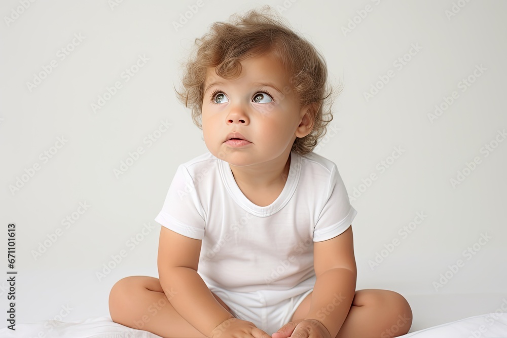 A cute and adorable baby radiating innocence and happiness sits on the floor against a white background. A cute and adorable baby radiating innocence and happiness sits on the floor against a white background.