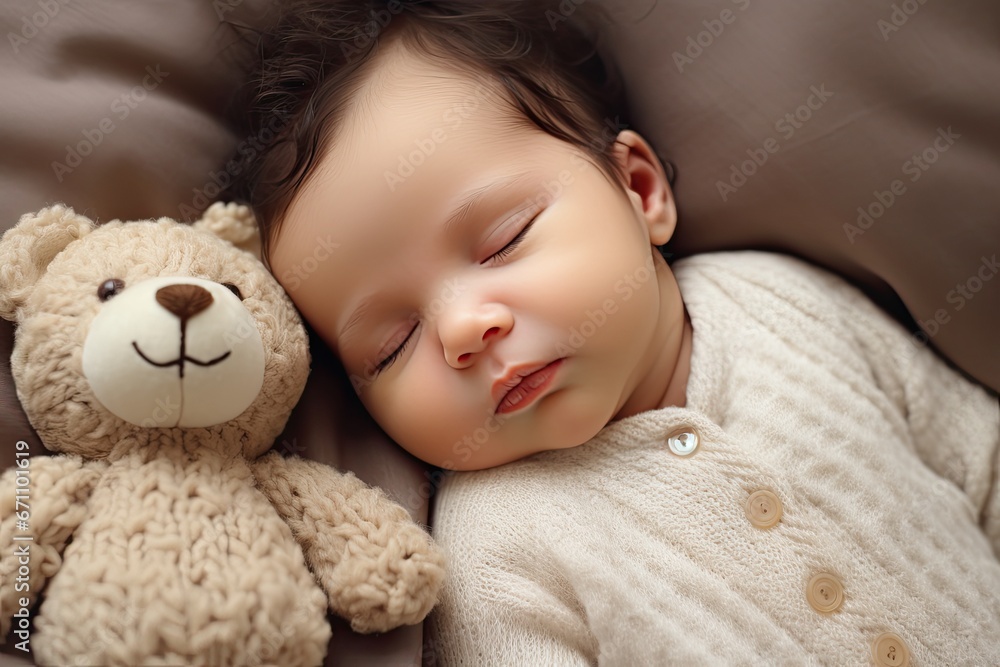 Cute newborn baby sleeping with a teddy bear. Cute newborn baby sleeping with a teddy bear.
