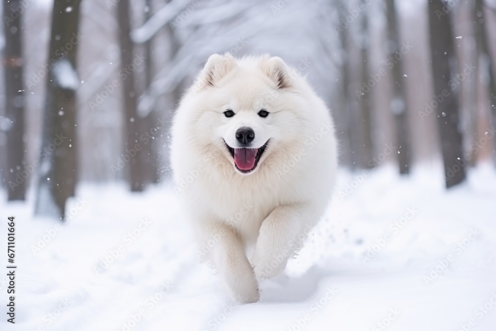 A Samoyed dog runs through the snow in the forest A Samoyed dog runs through the snow in the forest