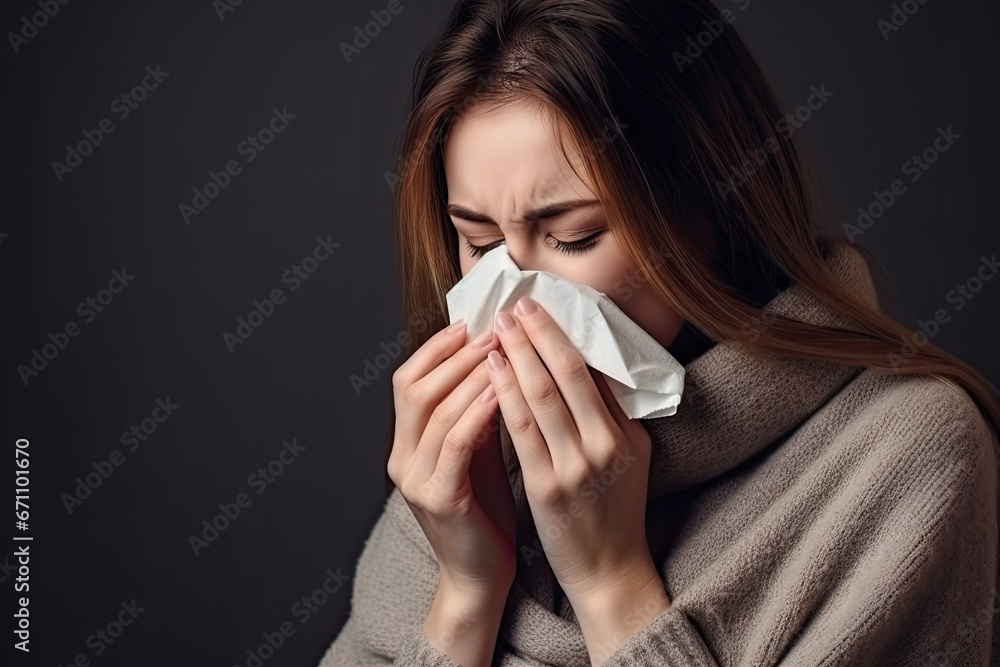 Sick and uncomfortable woman with tissue, suffering from illness, possibly flu or allergies. Sick and uncomfortable woman with tissue, suffering from illness, possibly flu or allergies.