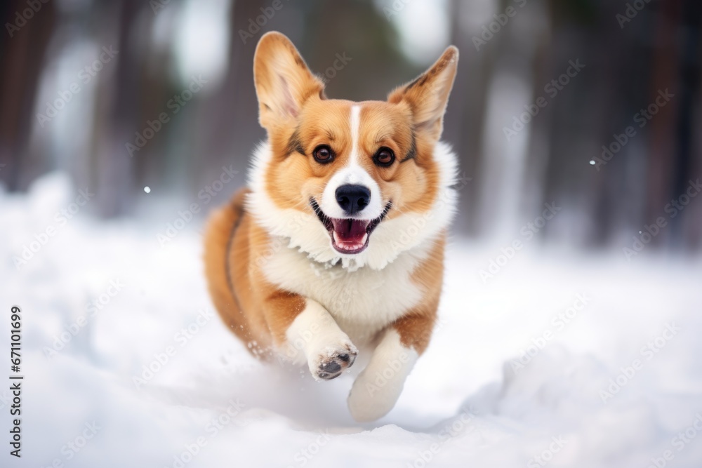 A corgi dog runs through the snow in the forest A corgi dog runs through the snow in the forest