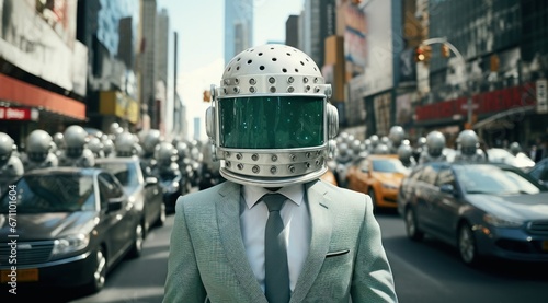 A man in a sleek suit and tie is confronted by an otherworldly creature emerging from a ufo, as cars and people scurry by on the bustling city street below photo