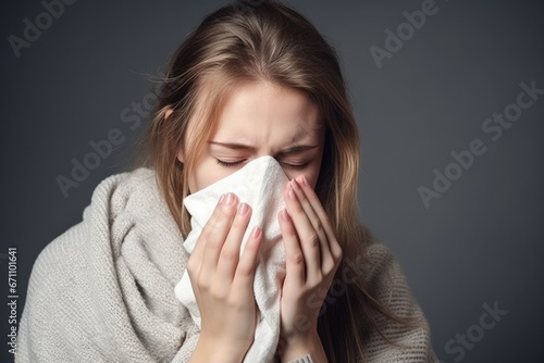 A young woman with an illness or allergy blowing her nose with a tissue, possibly suffering from a cold or hay fever.