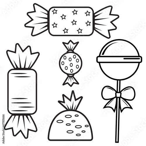 Doodle-style candy set, black outline