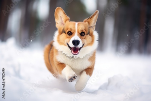 A corgi dog runs through the snow in the forest