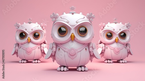  three little pink owls standing next to each other on a pink background with a pink background and a pink background with a pink background and white background.  generative ai