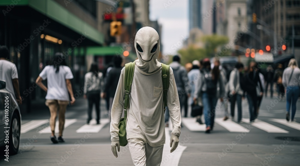 A man in otherworldly attire walks confidently down the busy city street, his alien garment catching the attention of curious pedestrians and passing cars as a ufo hovers above the building-lined roa A man in otherworldly attire walks confidently down the busy city street, his alien garment catching the attention of curious pedestrians and passing cars as a ufo hovers above the building-lined roa