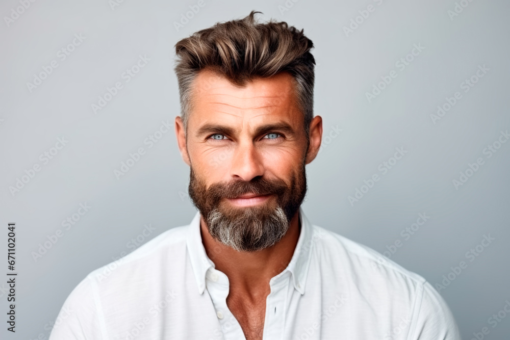 Brutal bearded man with pleasant look with European appearance on white isolated background. Brutal bearded man with pleasant look with European appearance on white isolated background.